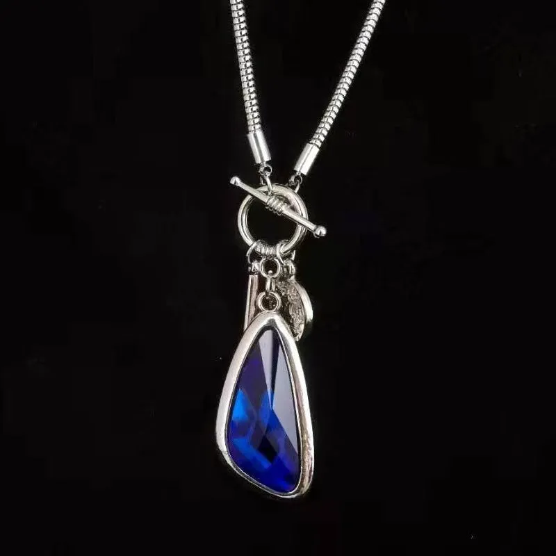 Women's long geometric plaid pendant necklace on snake bones chain in alloy with water drop colour options.
