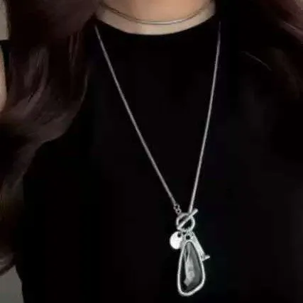 Women's long geometric plaid pendant necklace on snake bones chain in alloy with water drop colour options.