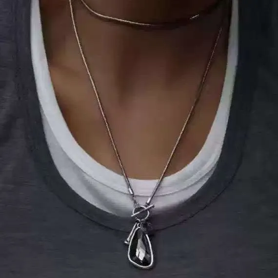 Women's long geometric plaid pendant necklace on snake bones chain in alloy with water drop colour options.