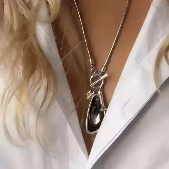 Women's long geometric plaid pendant necklace on snake bones chain in alloy with water drop colour options.