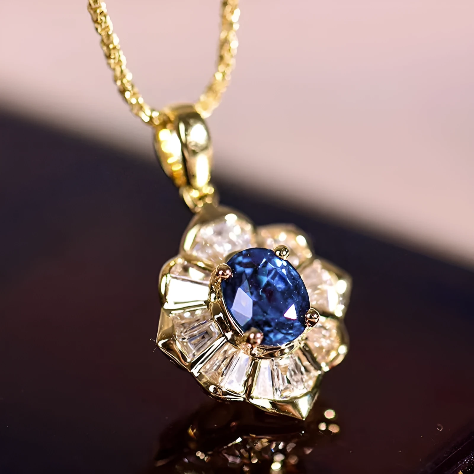 Inlaid zircon Indian style necklace for women geometric flower mixed gem pendant copper electroplating blue