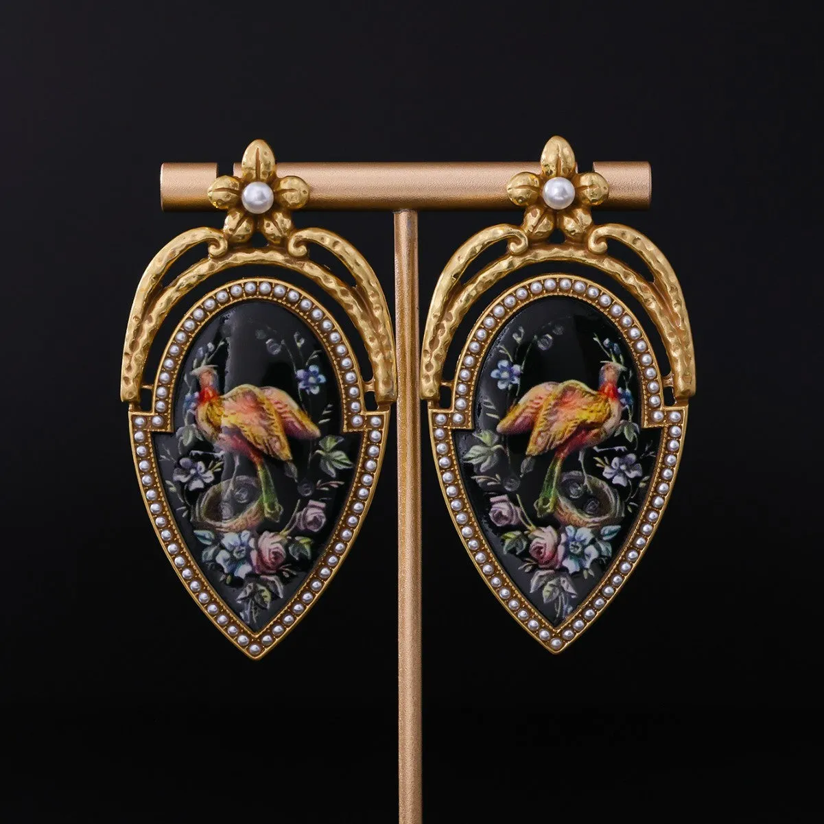 Vintage peacock oil earrings, 18K gold plated copper alloy with enamel painted peacock design, ear drops 6.3 x 3.3cm