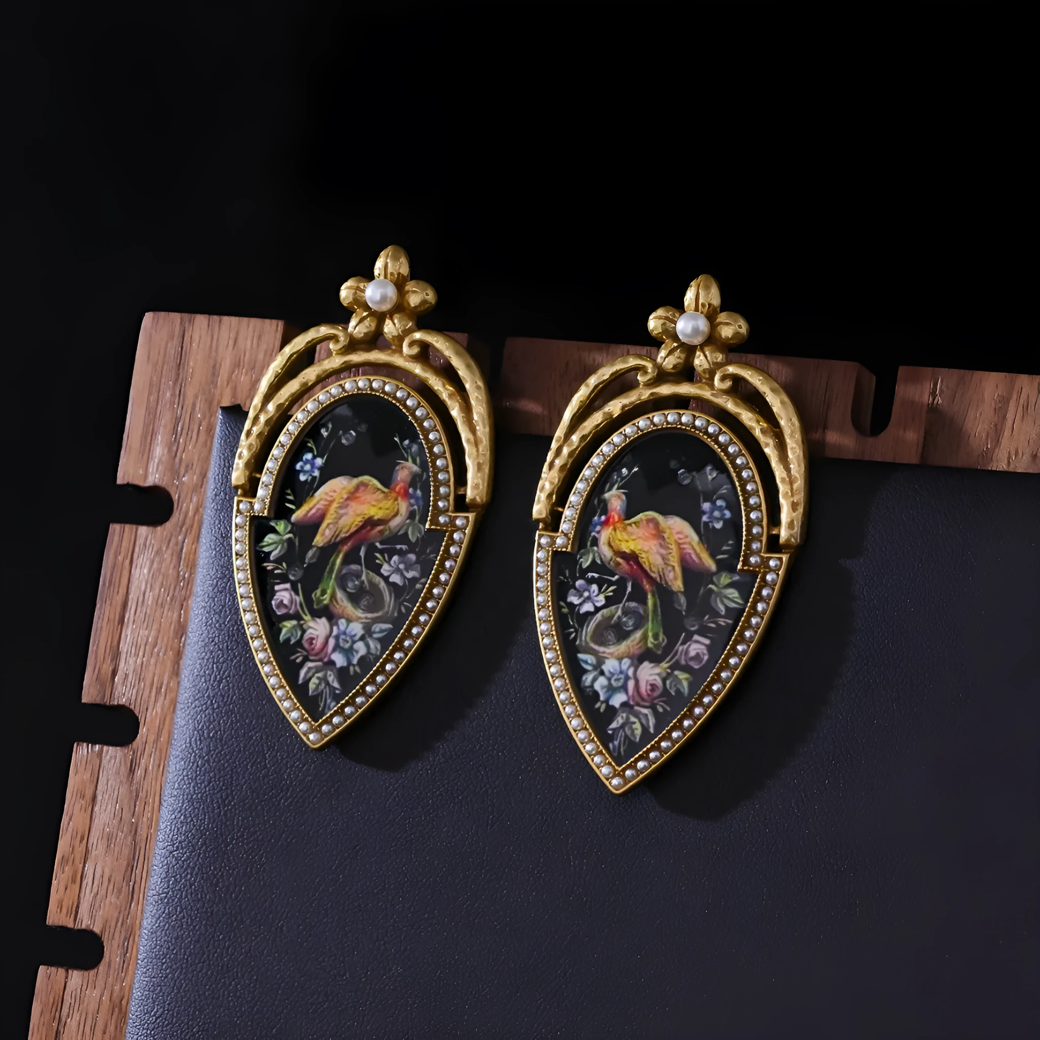 Vintage peacock oil earrings, 18K gold plated copper alloy with enamel painted peacock design, ear drops 6.3 x 3.3cm