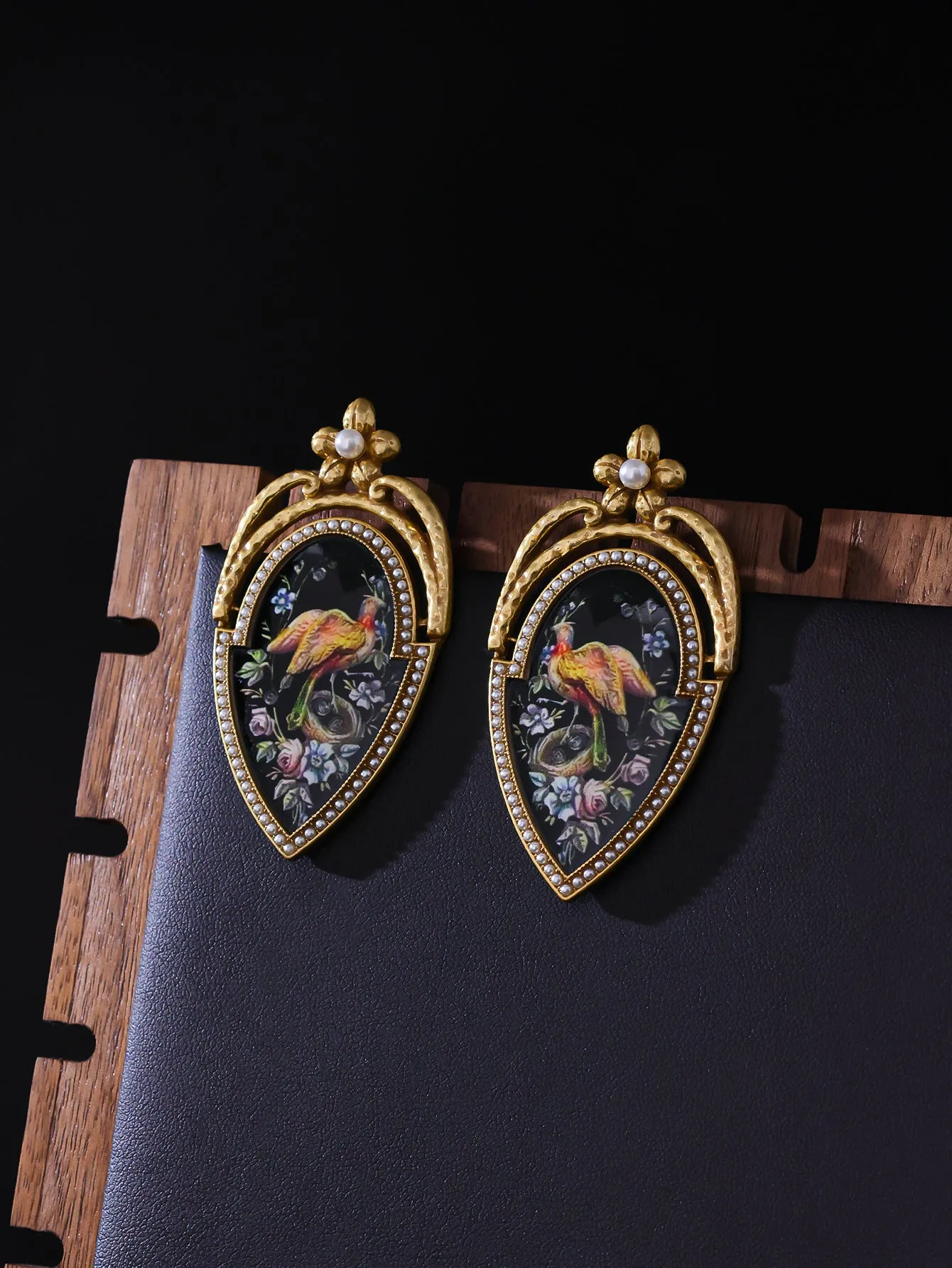 Vintage peacock oil earrings, 18K gold plated copper alloy with enamel painted peacock design, ear drops 6.3 x 3.3cm