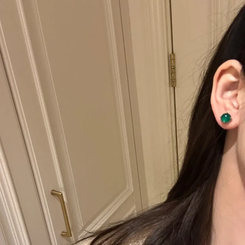 Chinese style round chalcedony stud earrings with four-claw settings in three colour options