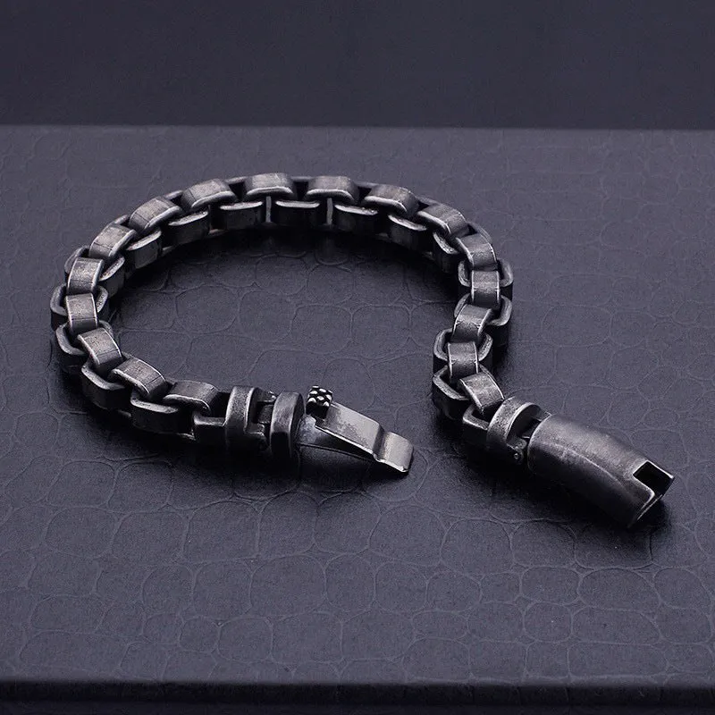Black titanium steel punk chain bracelet with geometric design, 22cm length, on male wrist
