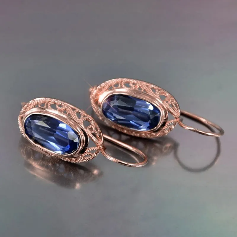 Women's geometric copper glass earrings red blue ellipse ring line shape pair