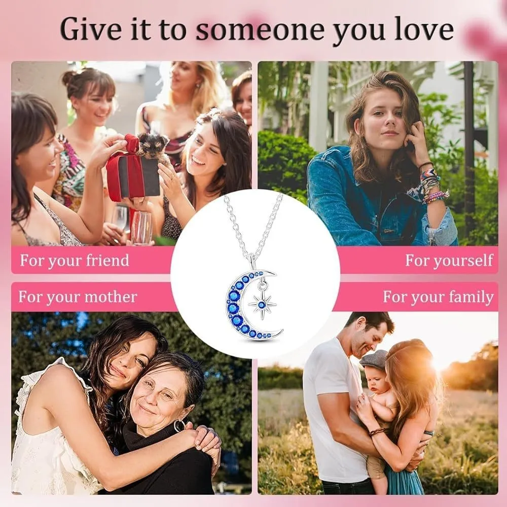Copper blue moon necklace with electroplated white gold colour on adjustable O-ring chain
