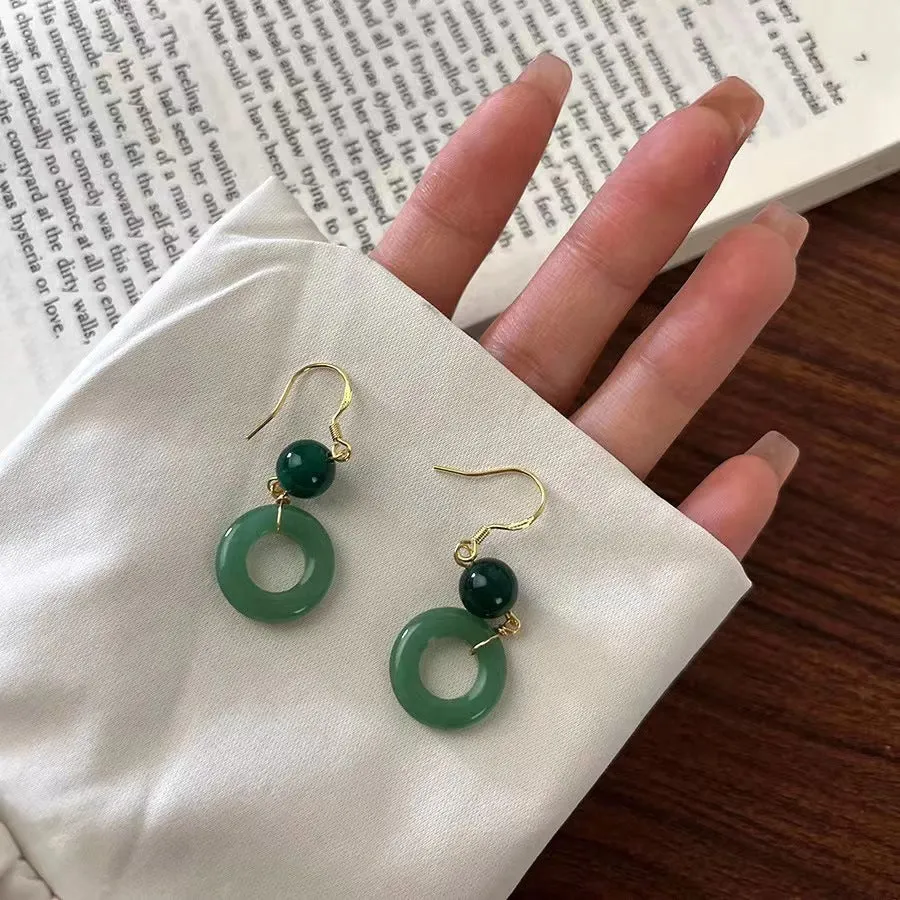 Green geometric peace buckle zinc alloy earrings with traditional Chinese design for Han clothing accessories