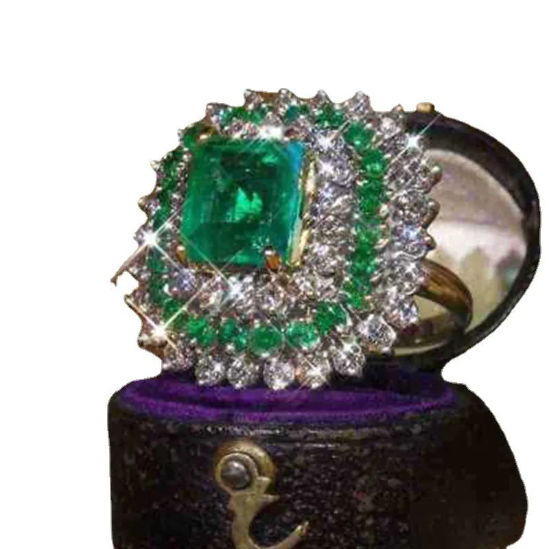 Emerald silver geometric metal ring ornament for women, shown on finger, size options available