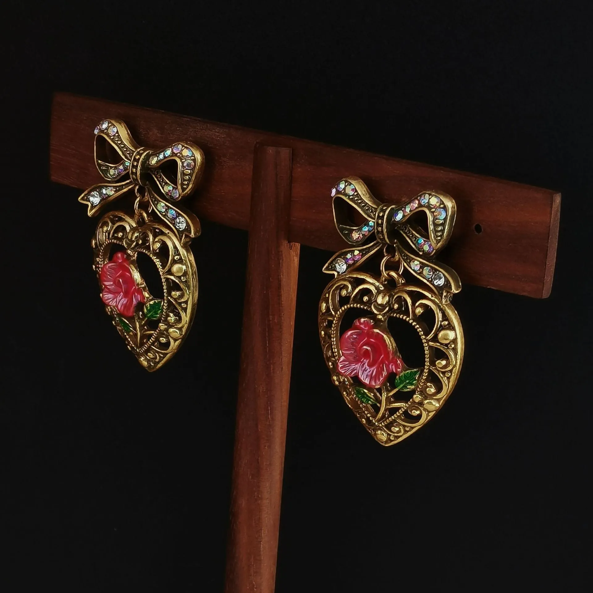 Copper alloy inlaid zirconium love heart rose bow hollow pattern earrings women Chinese style