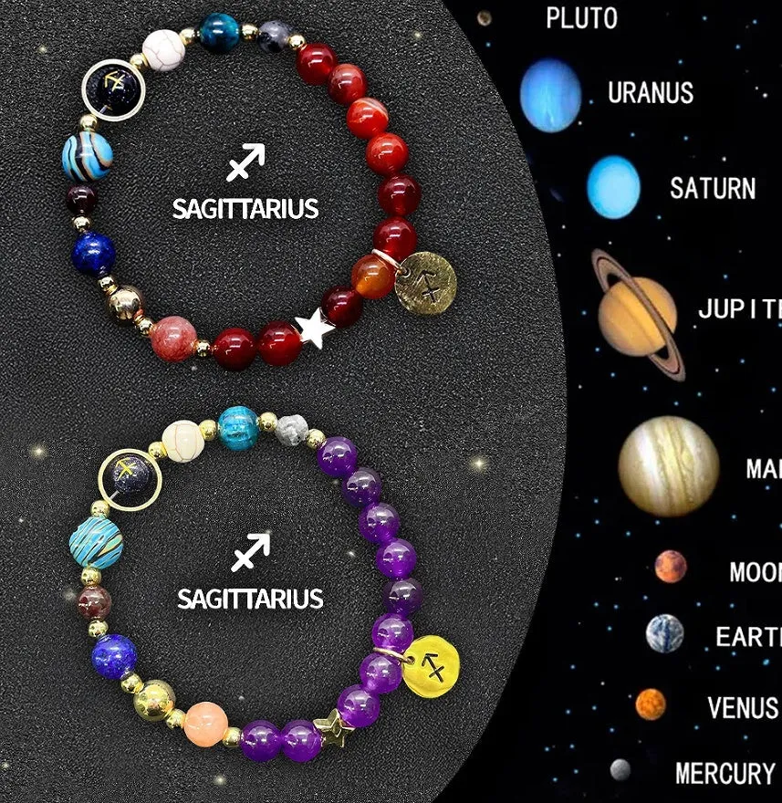 Pair of natural stone beaded bracelets on an adjustable cord, showing zodiac symbol charms.