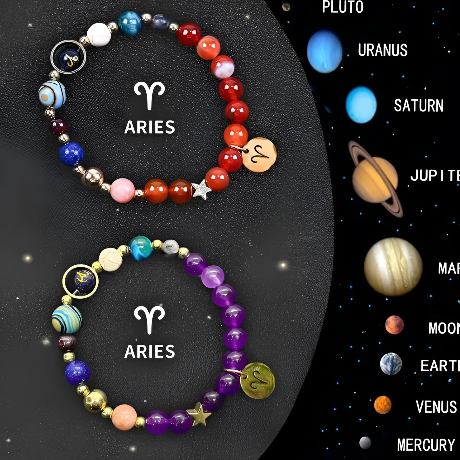 Pair of natural stone beaded bracelets on an adjustable cord, showing zodiac symbol charms.