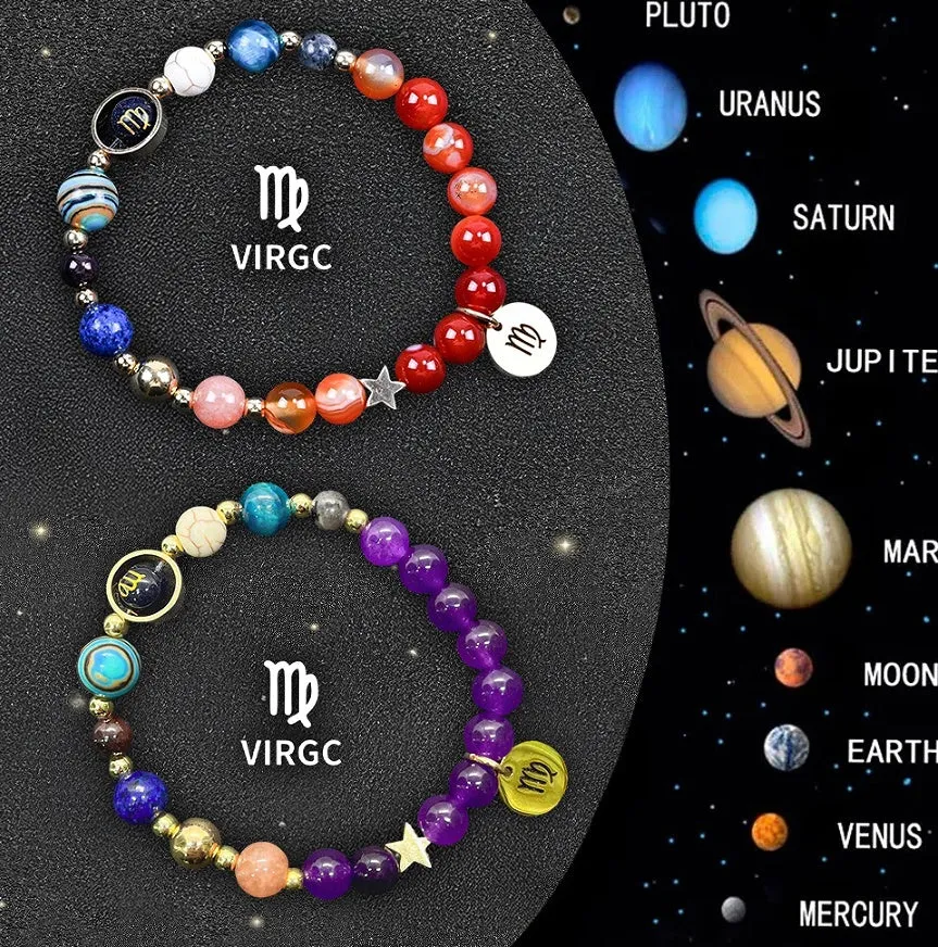 Pair of natural stone beaded bracelets on an adjustable cord, showing zodiac symbol charms.
