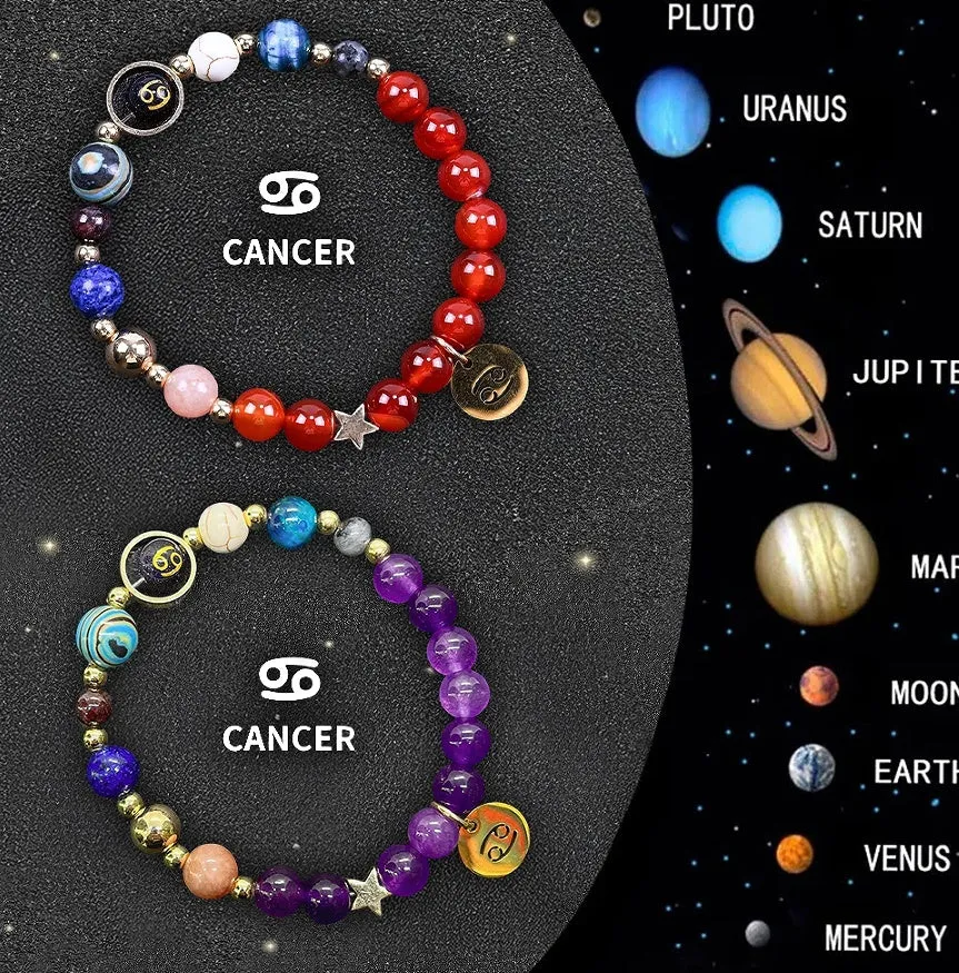 Pair of natural stone beaded bracelets on an adjustable cord, showing zodiac symbol charms.