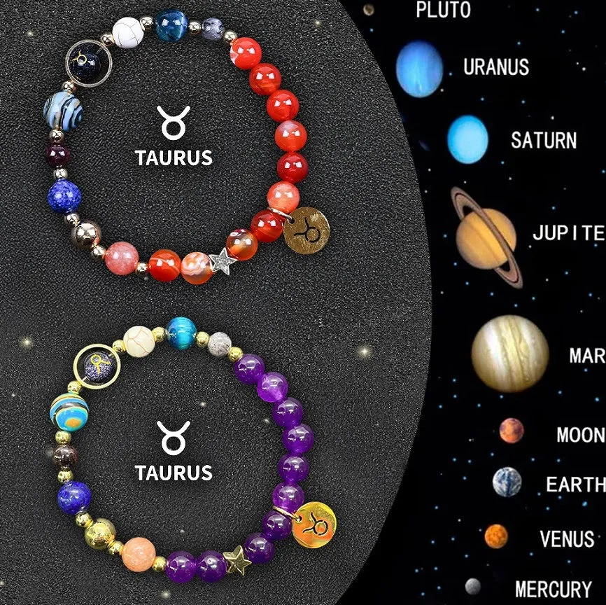 Pair of natural stone beaded bracelets on an adjustable cord, showing zodiac symbol charms.