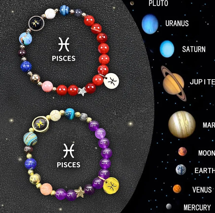 Pair of natural stone beaded bracelets on an adjustable cord, showing zodiac symbol charms.