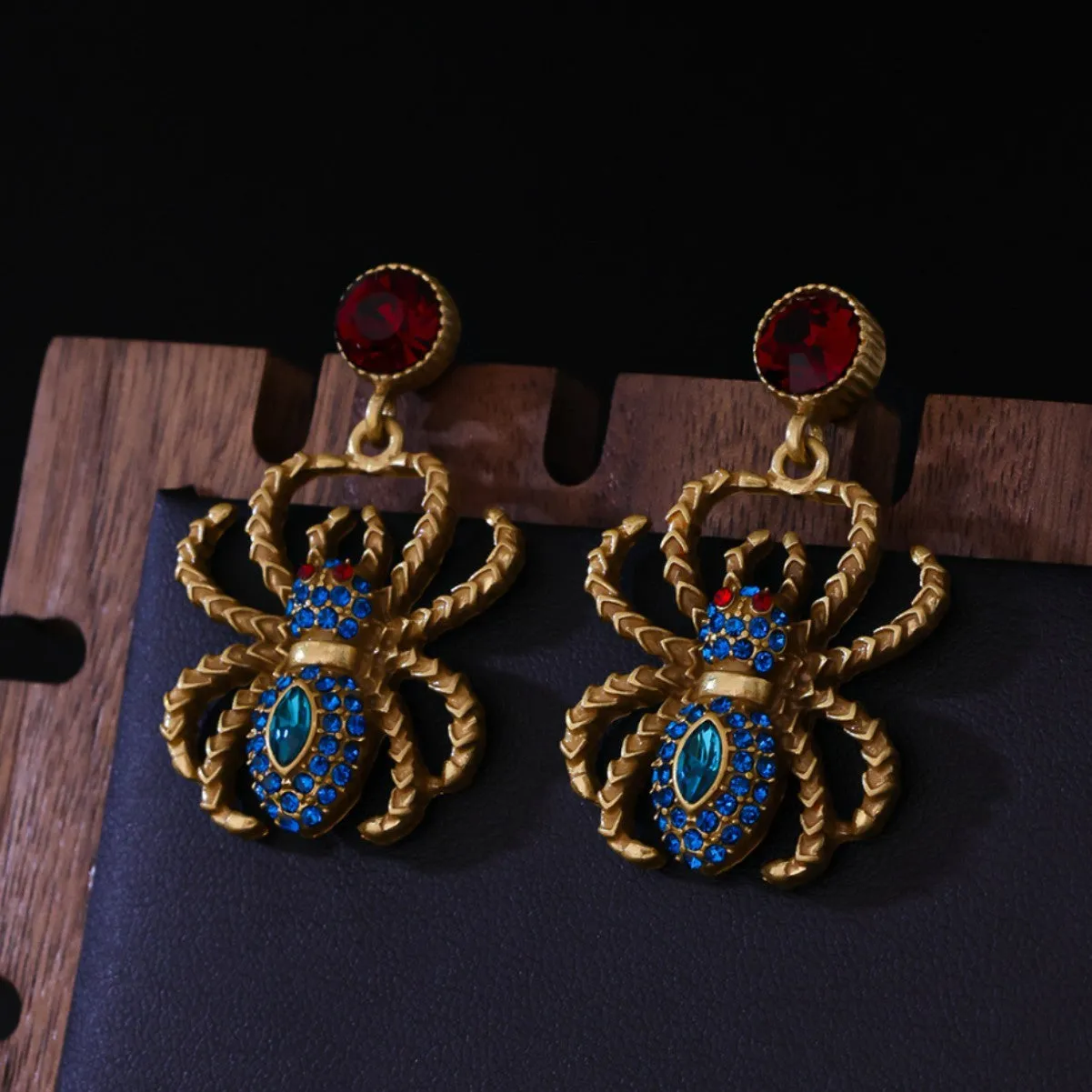 Ruby Spider light luxury distressed earrings alloy 4.4 cm red blue Chinese style women earrings