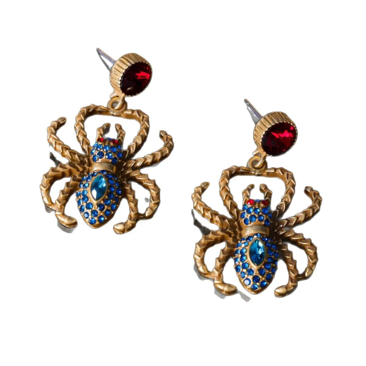 Ruby Spider light luxury distressed earrings alloy 4.4 cm red blue Chinese style women earrings