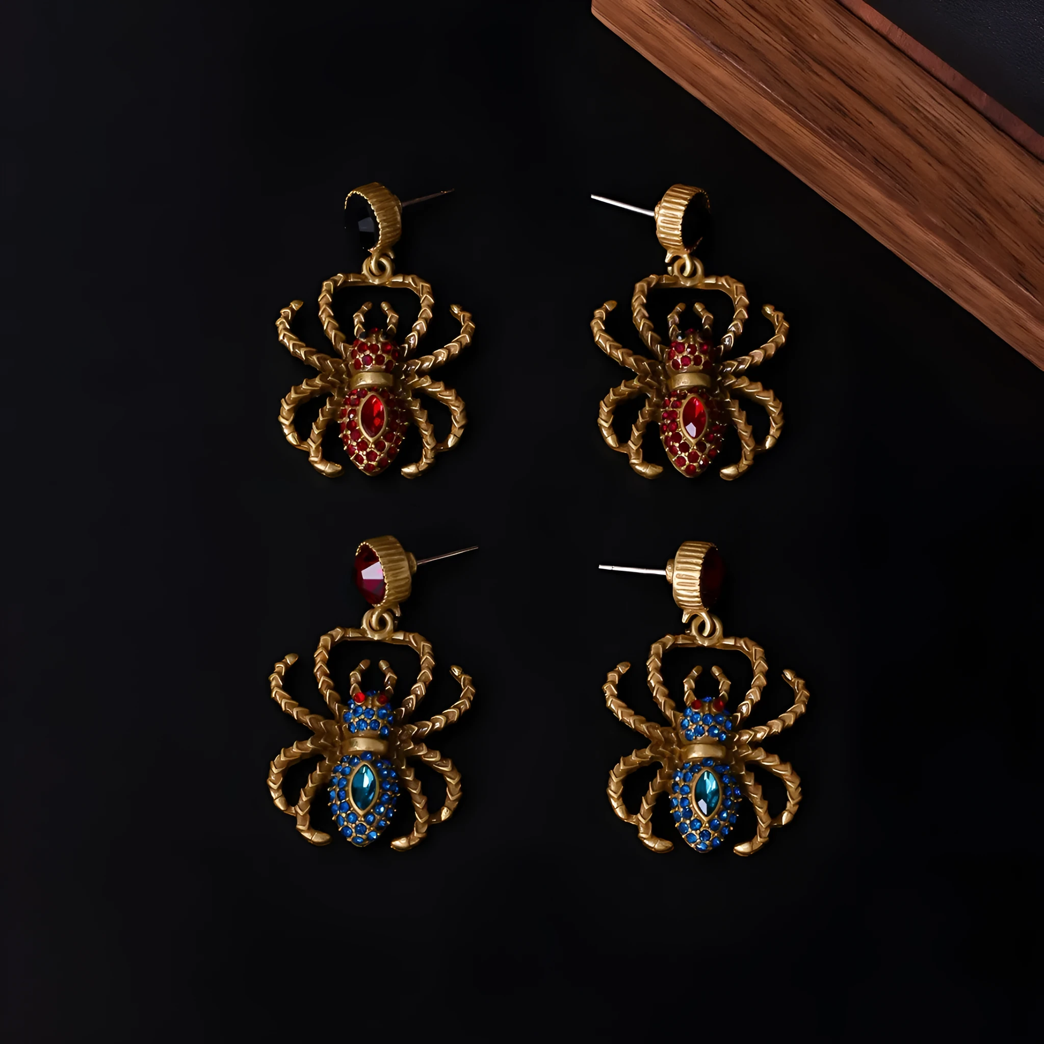 Ruby Spider light luxury distressed earrings alloy 4.4 cm red blue Chinese style women earrings