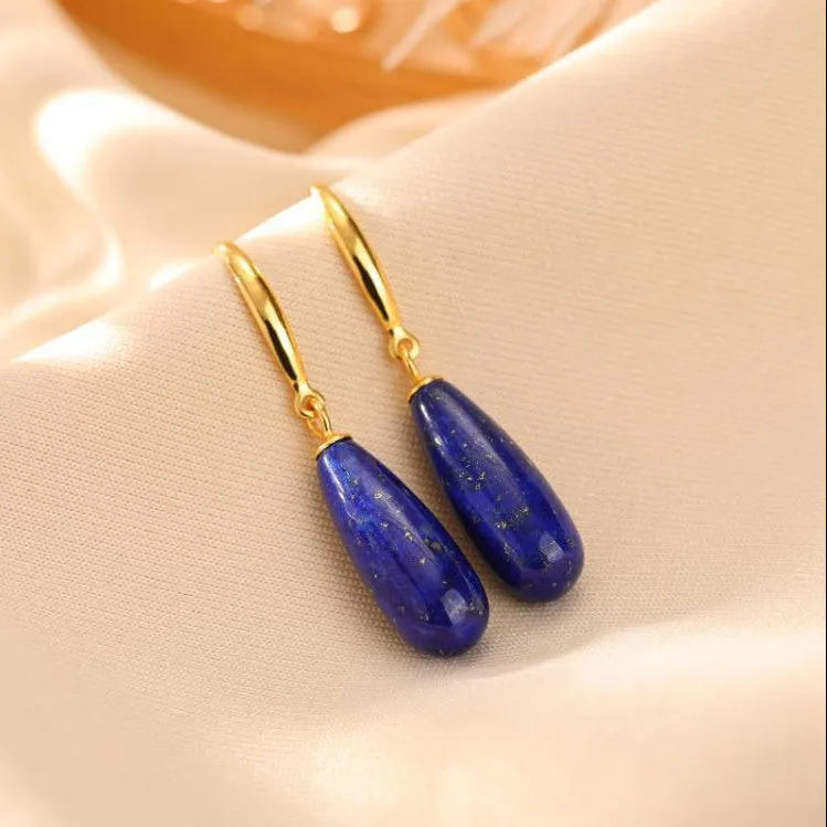 Gold-plated silver drop earrings with natural lapis lazuli stone in geometric water droplet shape