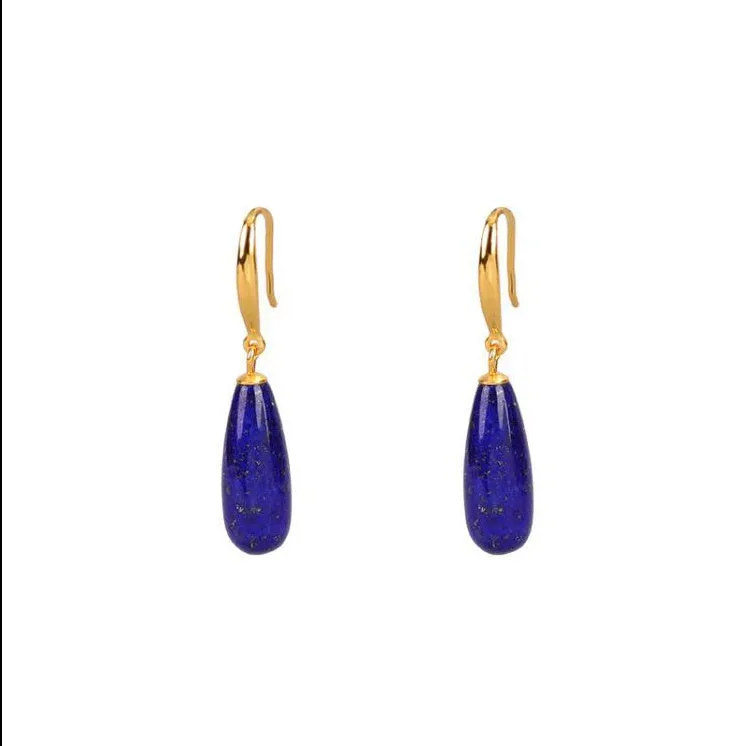 Gold-plated silver drop earrings with natural lapis lazuli stone in geometric water droplet shape