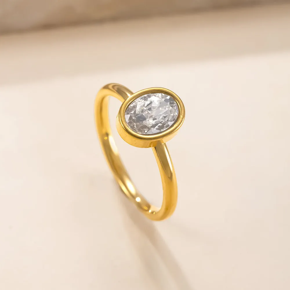 Stainless steel oval zircon ring with electroplated finish, available in steel, gold, or white gold, sizes No 6 to No 10