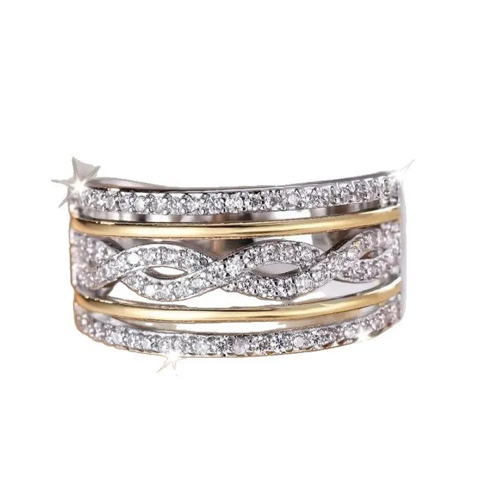 Platinum alloy wide face ring with hollow jeweled detailing, diamond treatment finish, women's ring