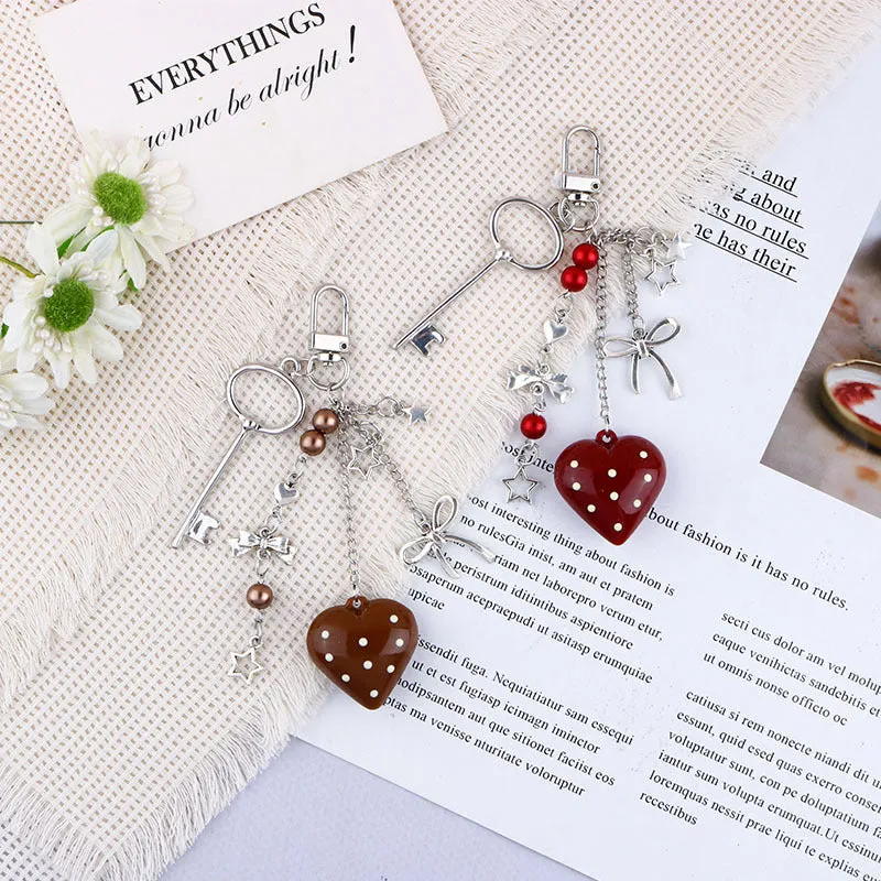 Retro zinc alloy key ring with bow and love heart chain design in multiple colour options