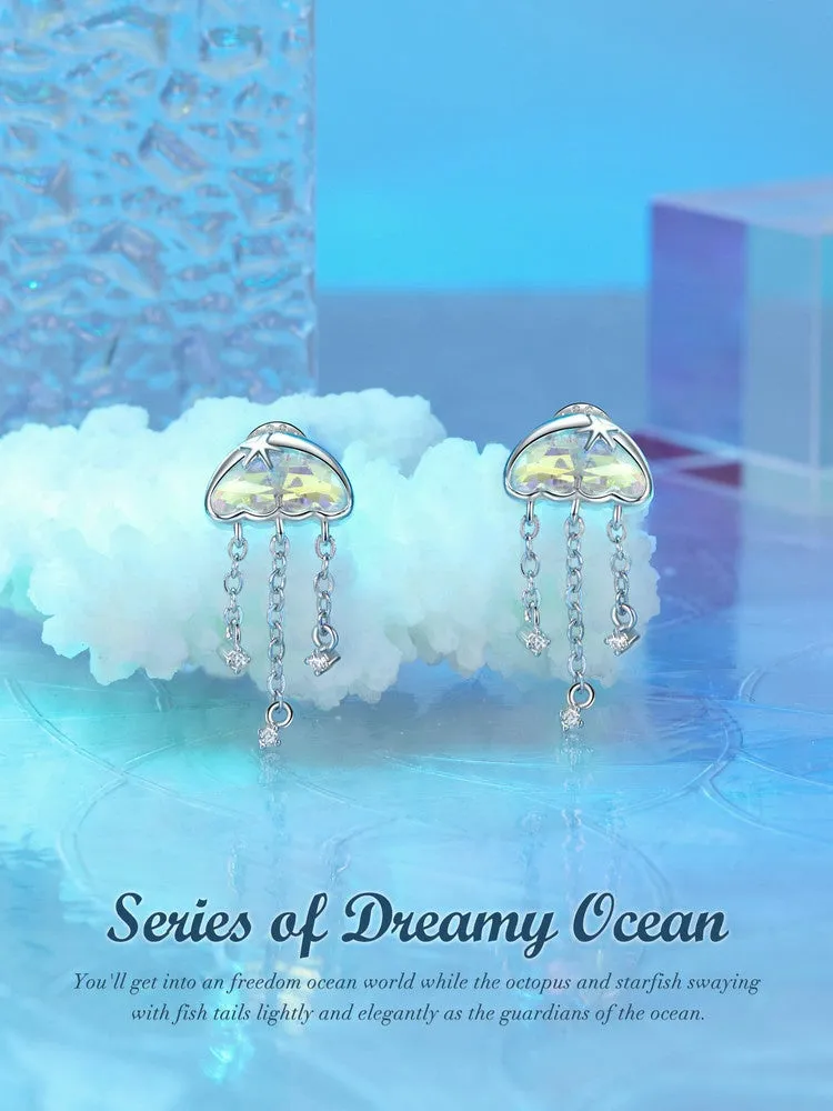 Original colourful jellyfish tassel stud earrings in 925 silver for women