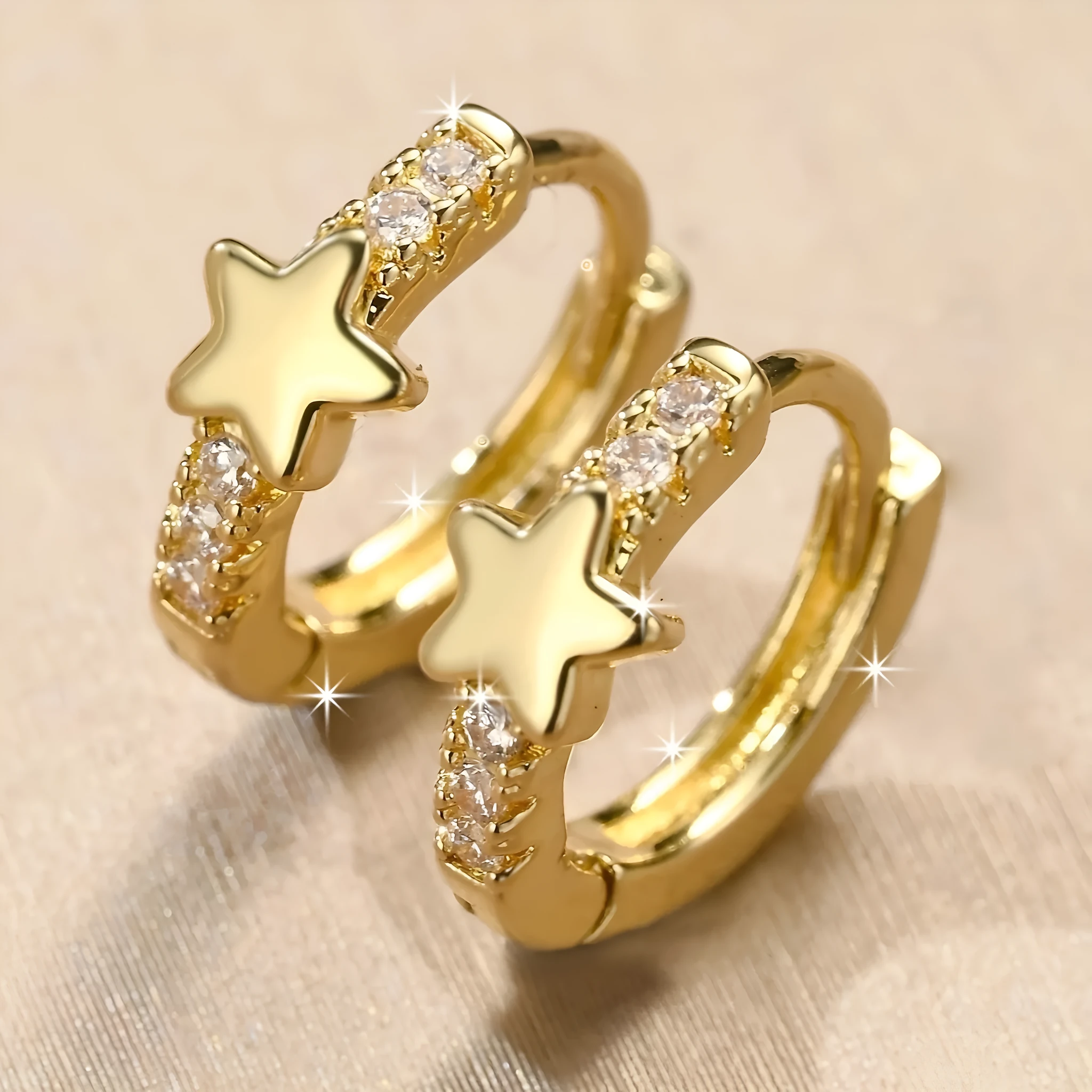 Gold copper geometric five-pointed star earrings with inlaid zircon for women