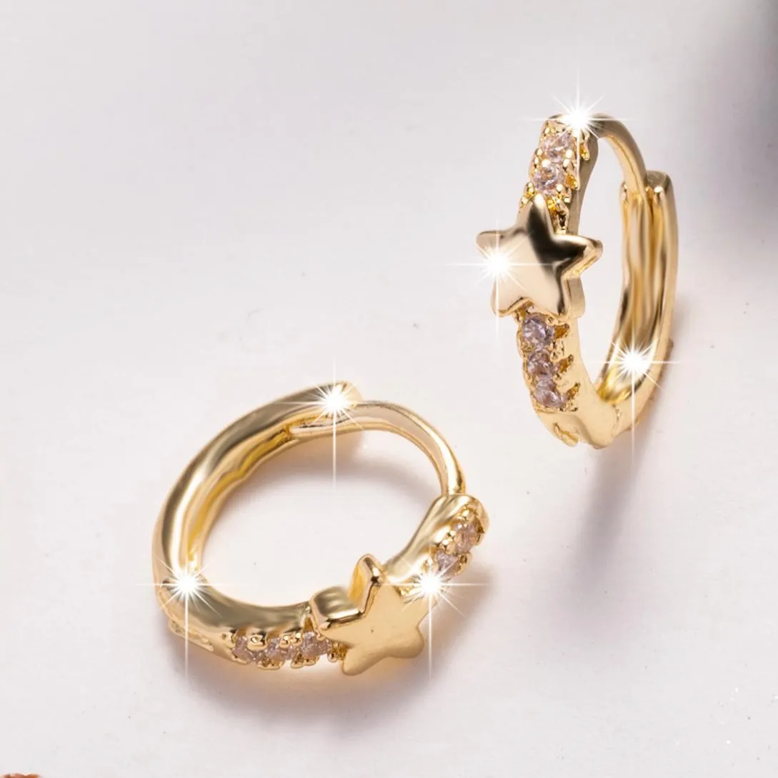 Gold copper geometric five-pointed star earrings with inlaid zircon for women