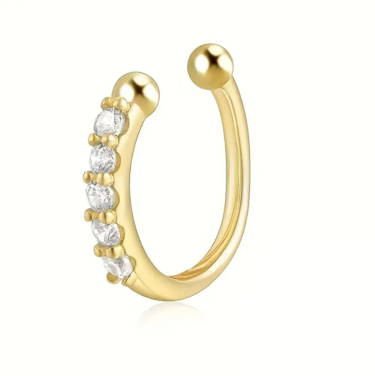Earless nose ring with 14K electroplated copper geometric shape in silver and gold on plain background