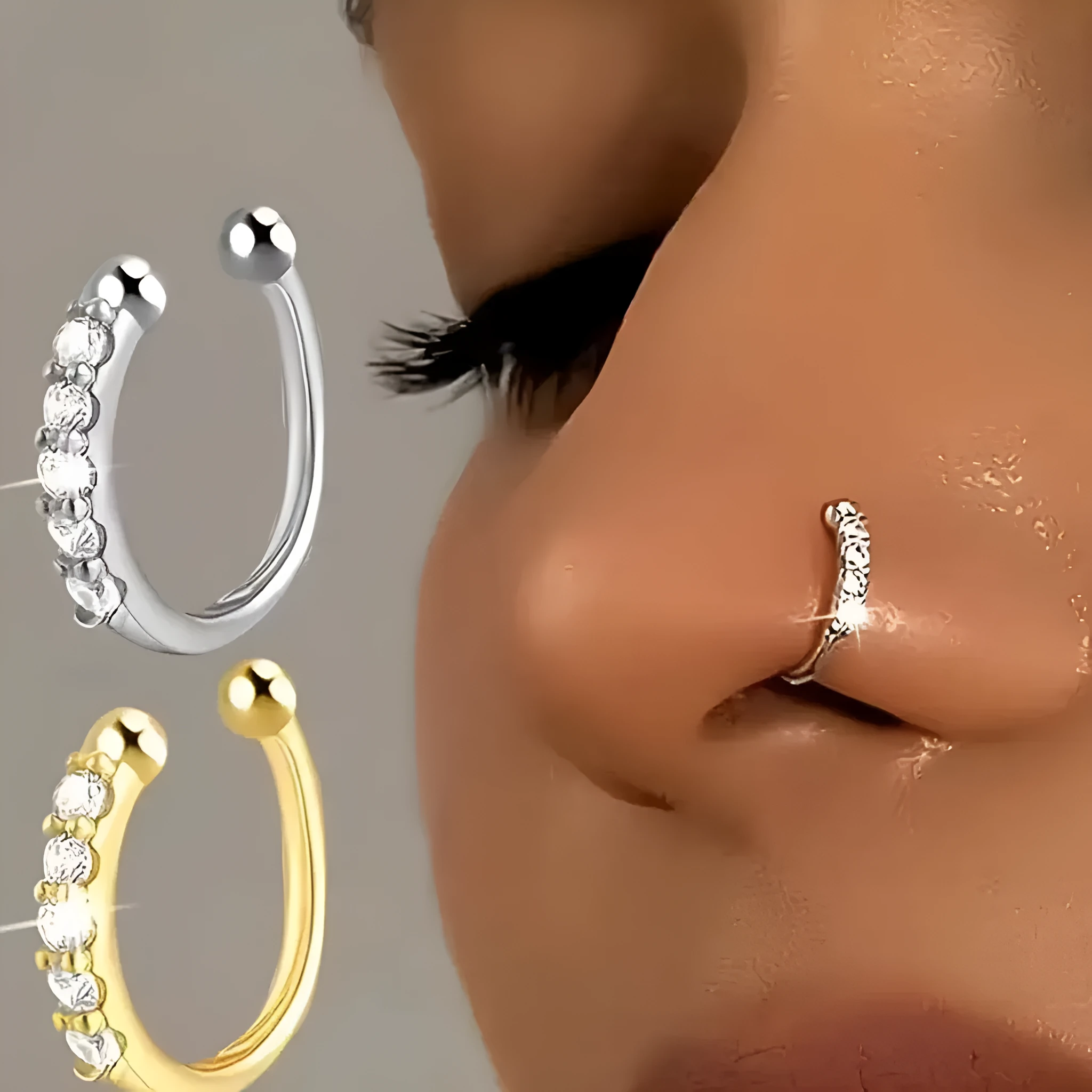 Earless nose ring with 14K electroplated copper geometric shape in silver and gold on plain background