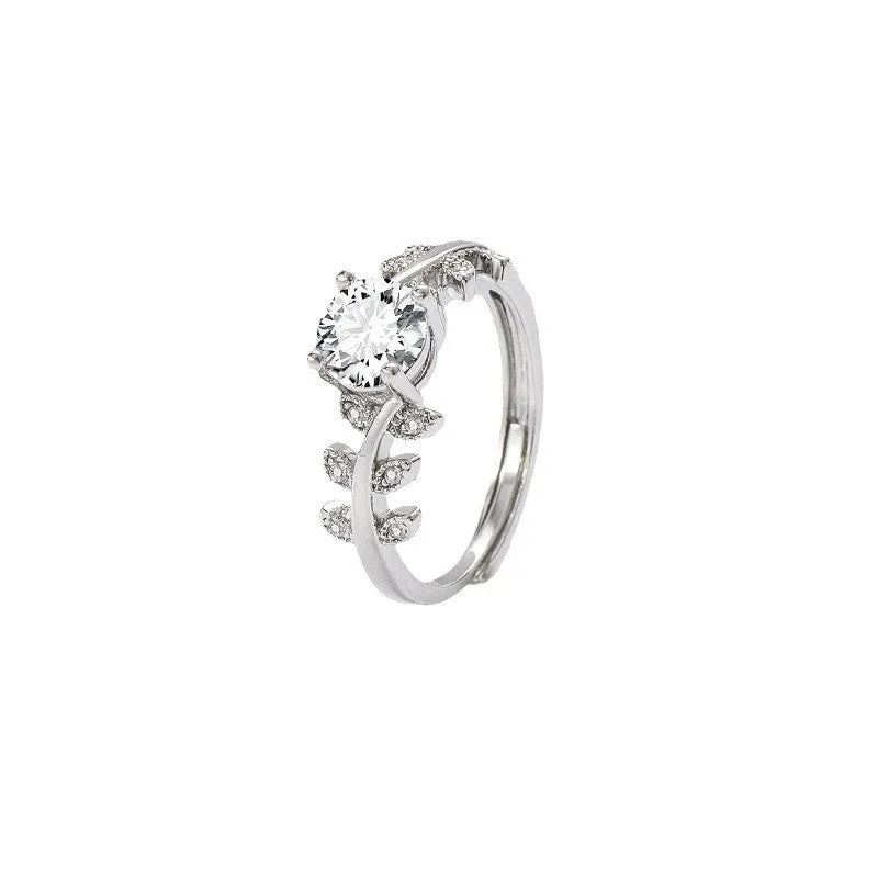 Women's adjustable copper ring leaf shape white gold colour 1 carat high-sensitivity stone index finger