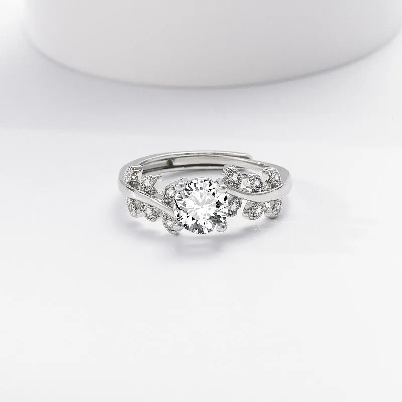 Women's adjustable copper ring leaf shape white gold colour 1 carat high-sensitivity stone index finger