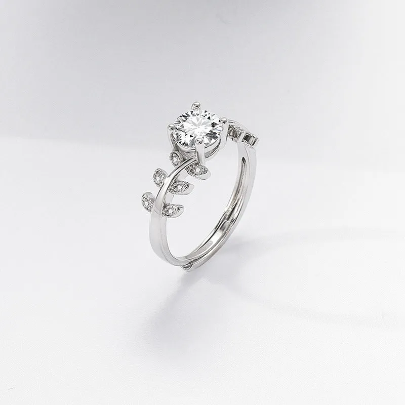 Women's adjustable copper ring leaf shape white gold colour 1 carat high-sensitivity stone index finger