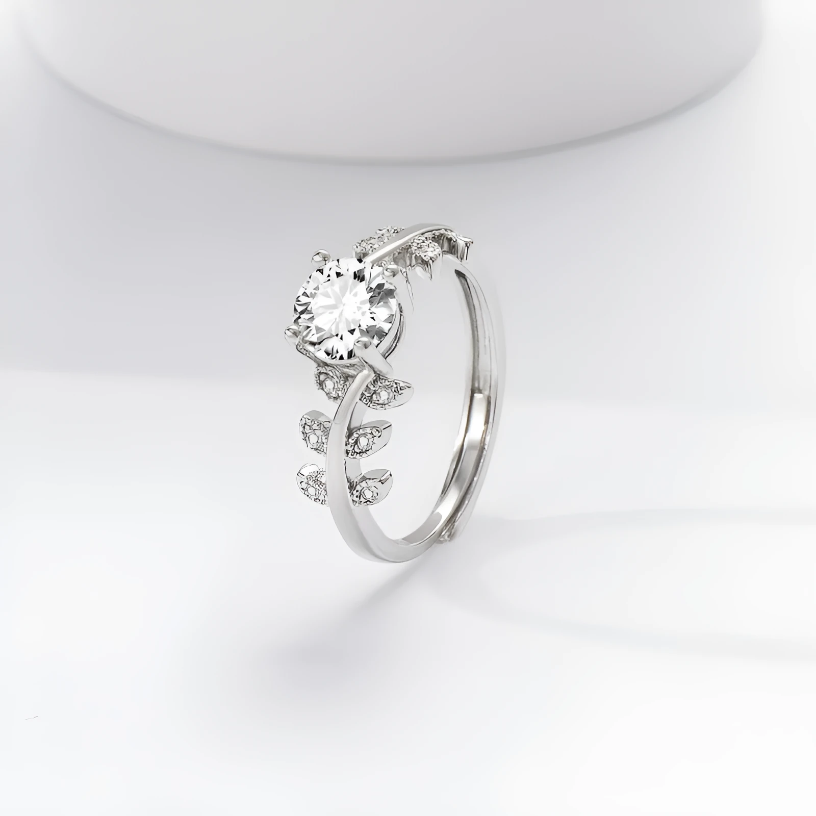 Women's adjustable copper ring leaf shape white gold colour 1 carat high-sensitivity stone index finger