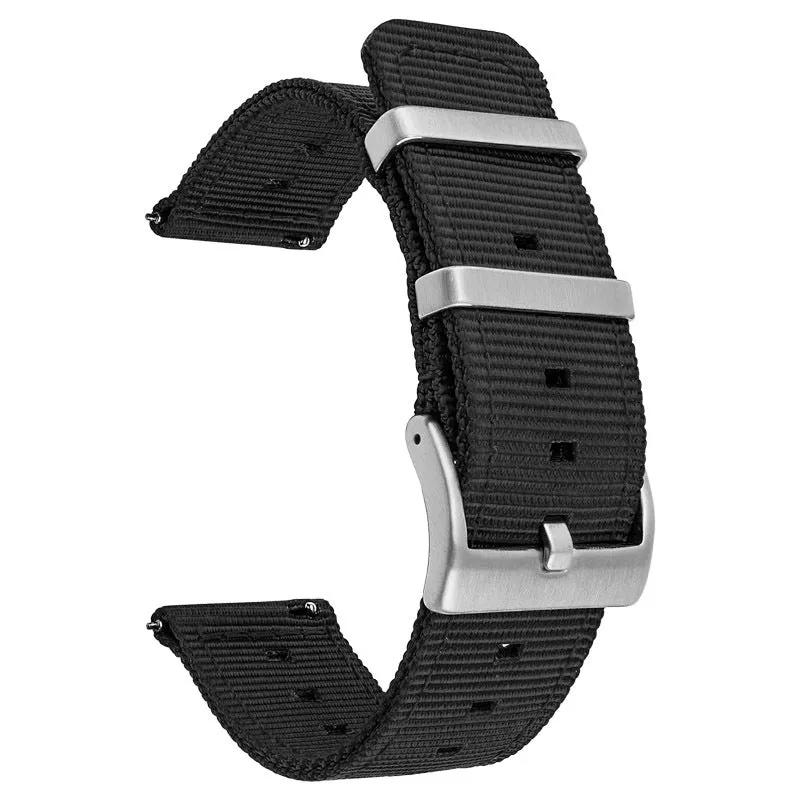 Nylon watchband quick release waterproof woven strap in black, fitting 22mm lug width, simple style
