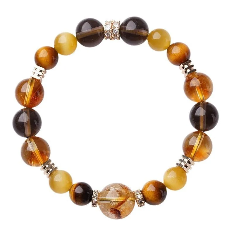 Natural yellow tower crystal and tiger-eye geometric bracelet with 10mm or 12mm bead options