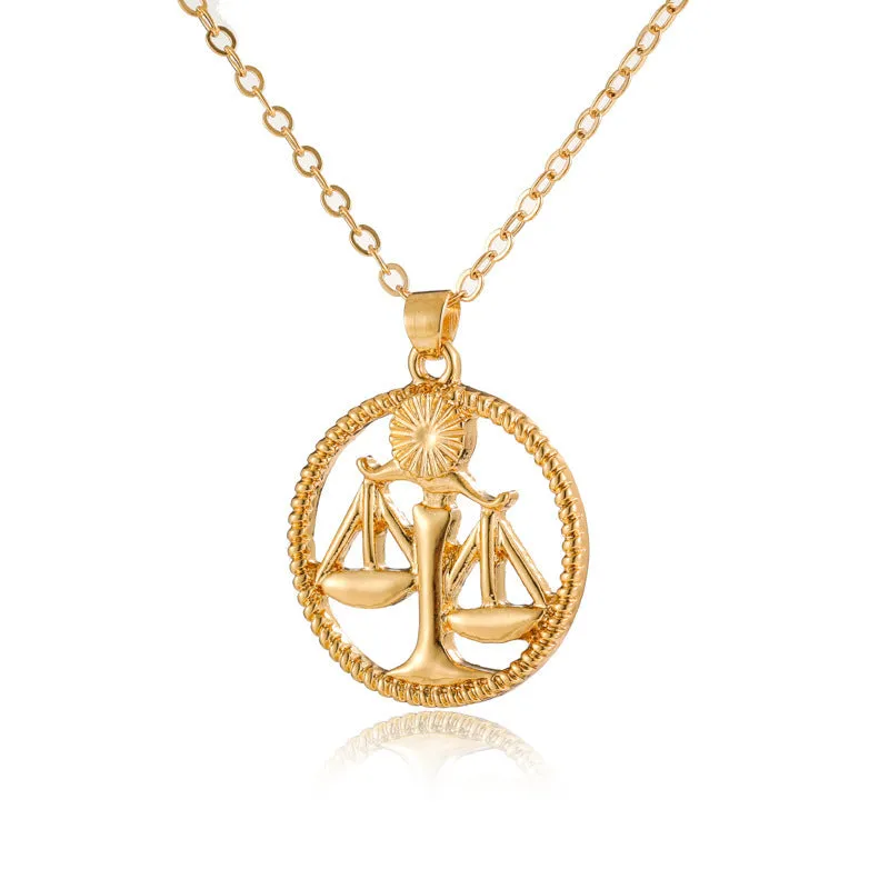 Simple alloy zodiac pendant necklace featuring twelve constellations including Aries, Taurus, Gemini, Cancer, Leo, Virgo, Libra, Scorpio, Sagittarius, Capricorn, Aquarius, and Pisces