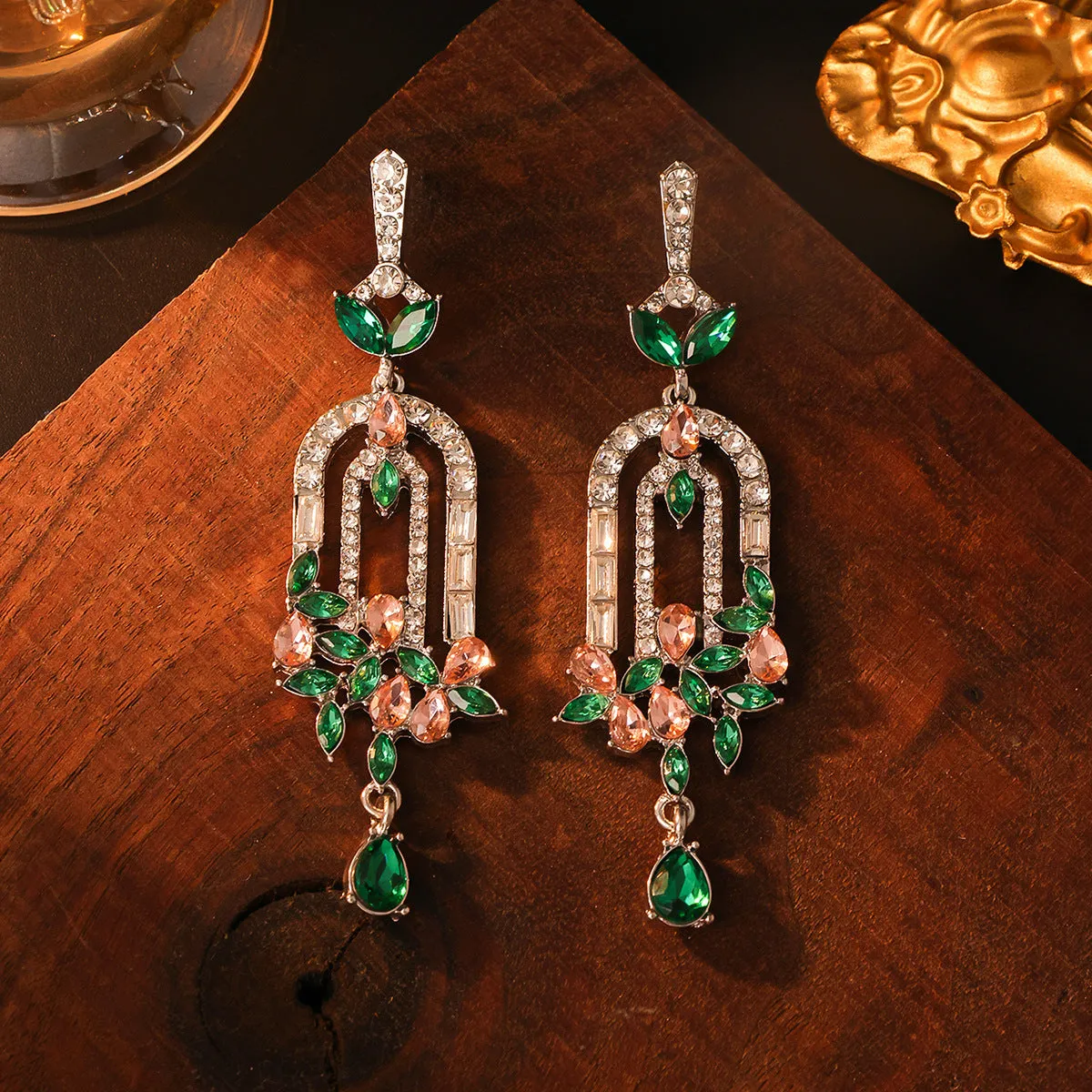 Alloy flower cluster tassel earrings 8.5cm women's drop earrings blue green Chinese style