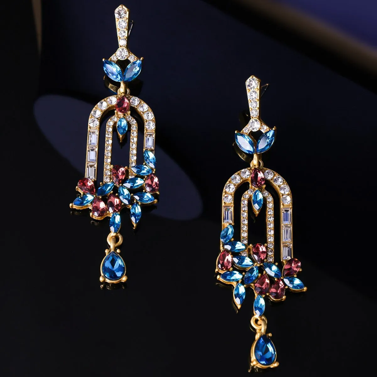 Alloy flower cluster tassel earrings 8.5cm women's drop earrings blue green Chinese style