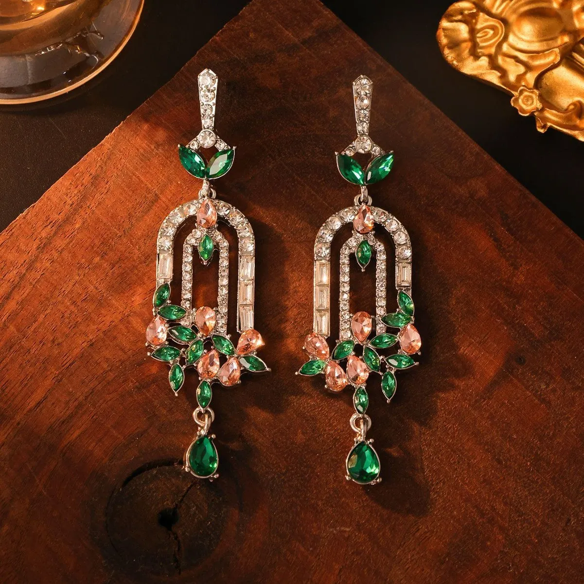 Alloy flower cluster tassel earrings 8.5cm women's drop earrings blue green Chinese style