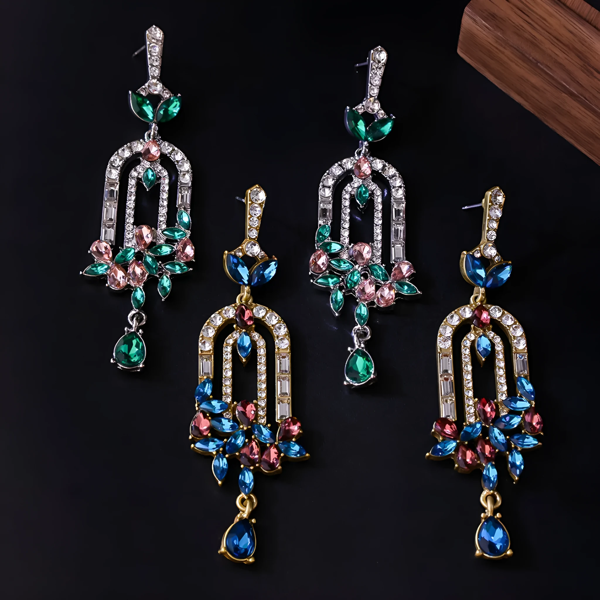 Alloy flower cluster tassel earrings 8.5cm women's drop earrings blue green Chinese style