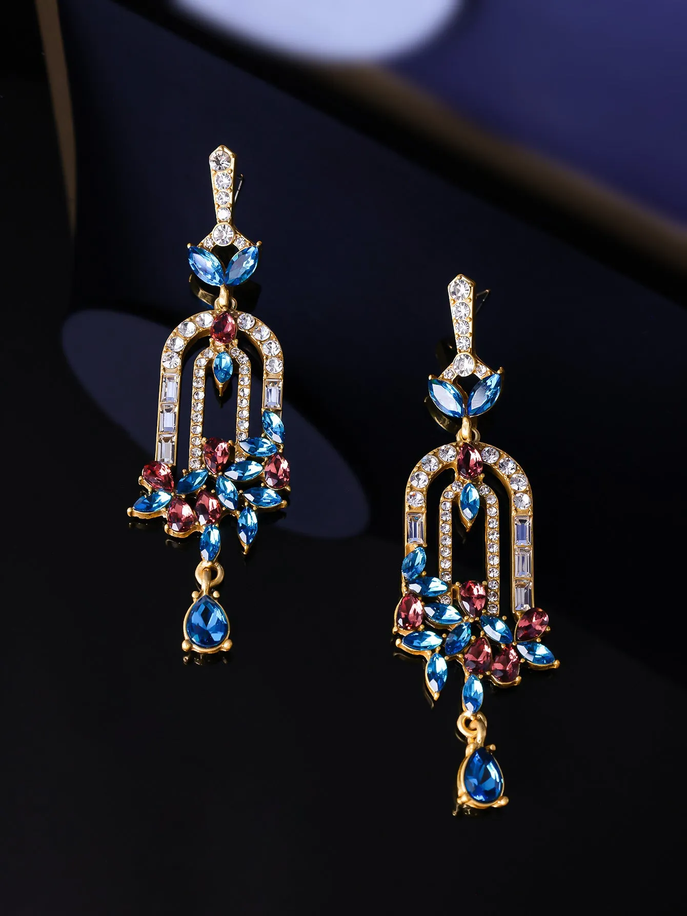 Alloy flower cluster tassel earrings 8.5cm women's drop earrings blue green Chinese style
