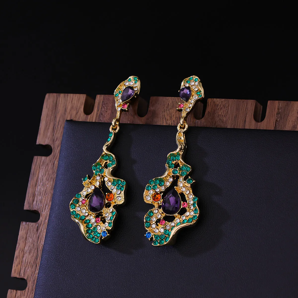 Chinese style alloy ear studs with ring element, 7.1x2.5cm, vintage temperament, purple and green colours