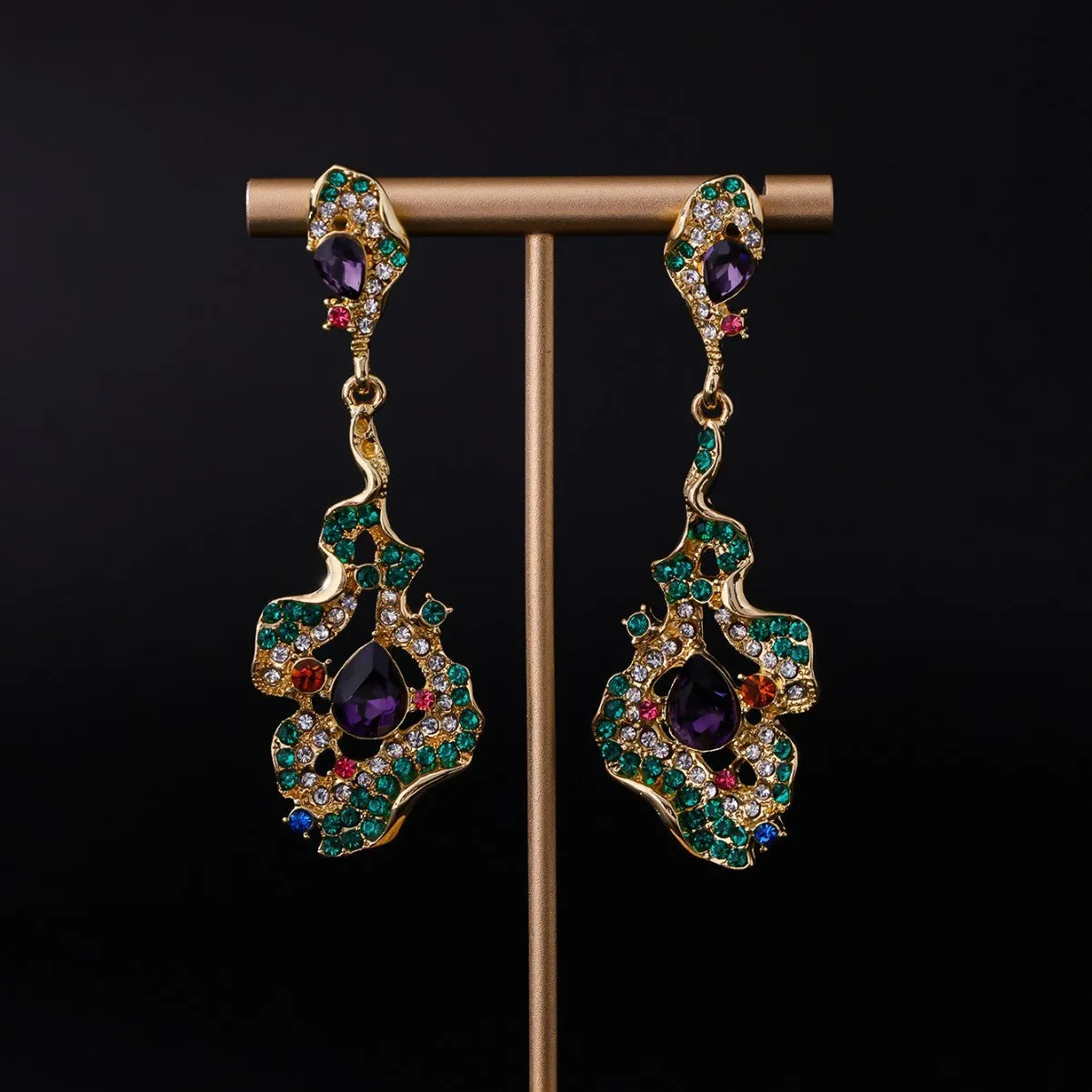 Chinese style alloy ear studs with ring element, 7.1x2.5cm, vintage temperament, purple and green colours