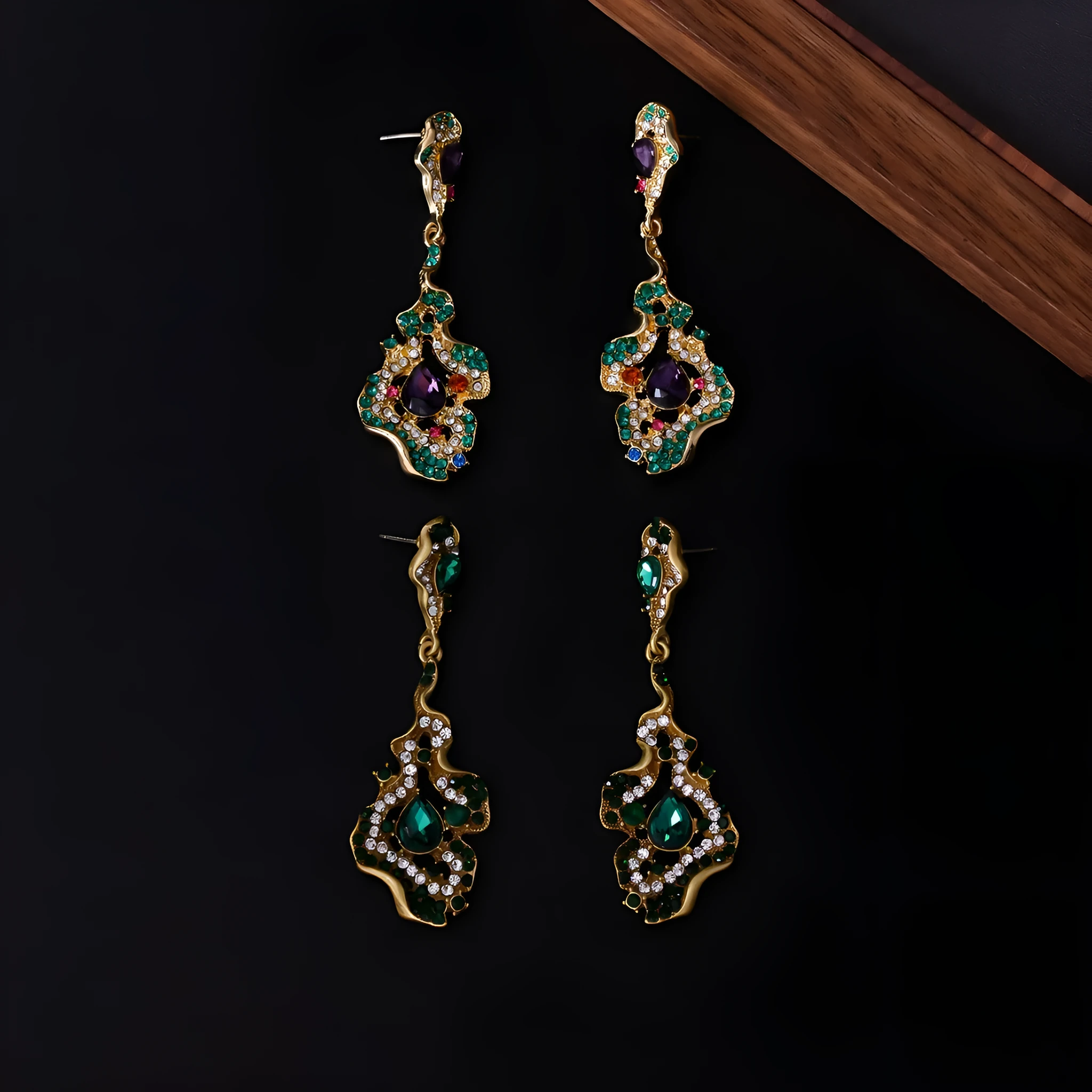 Chinese style alloy ear studs with ring element, 7.1x2.5cm, vintage temperament, purple and green colours