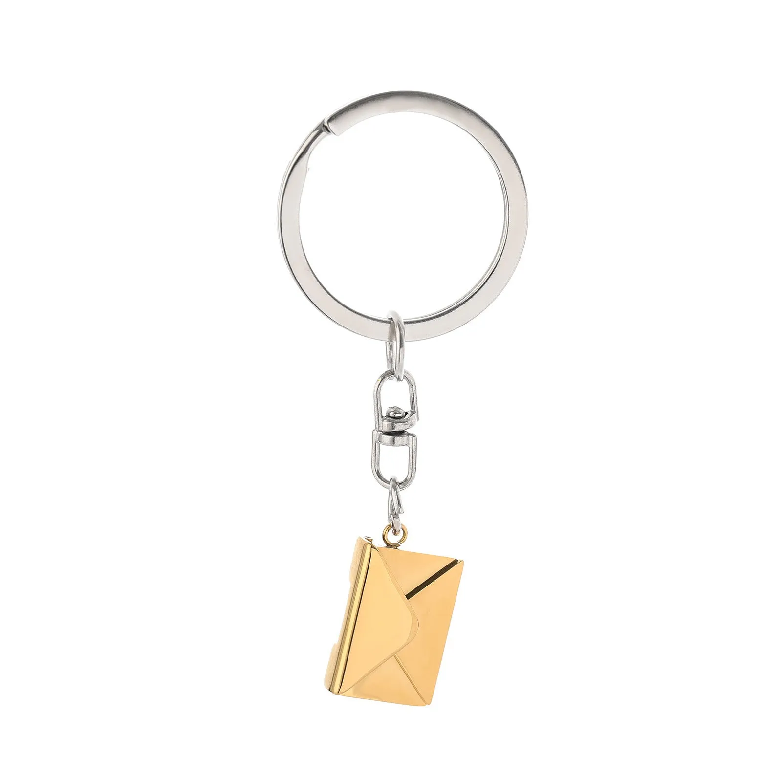 Stainless steel keychain with engraved card inside in gold and silver envelope finish on neutral background